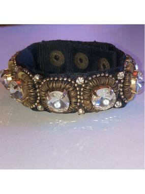 Chunky Boho CZ Rhinestone & Black Fabric Snap Closure Bracelet